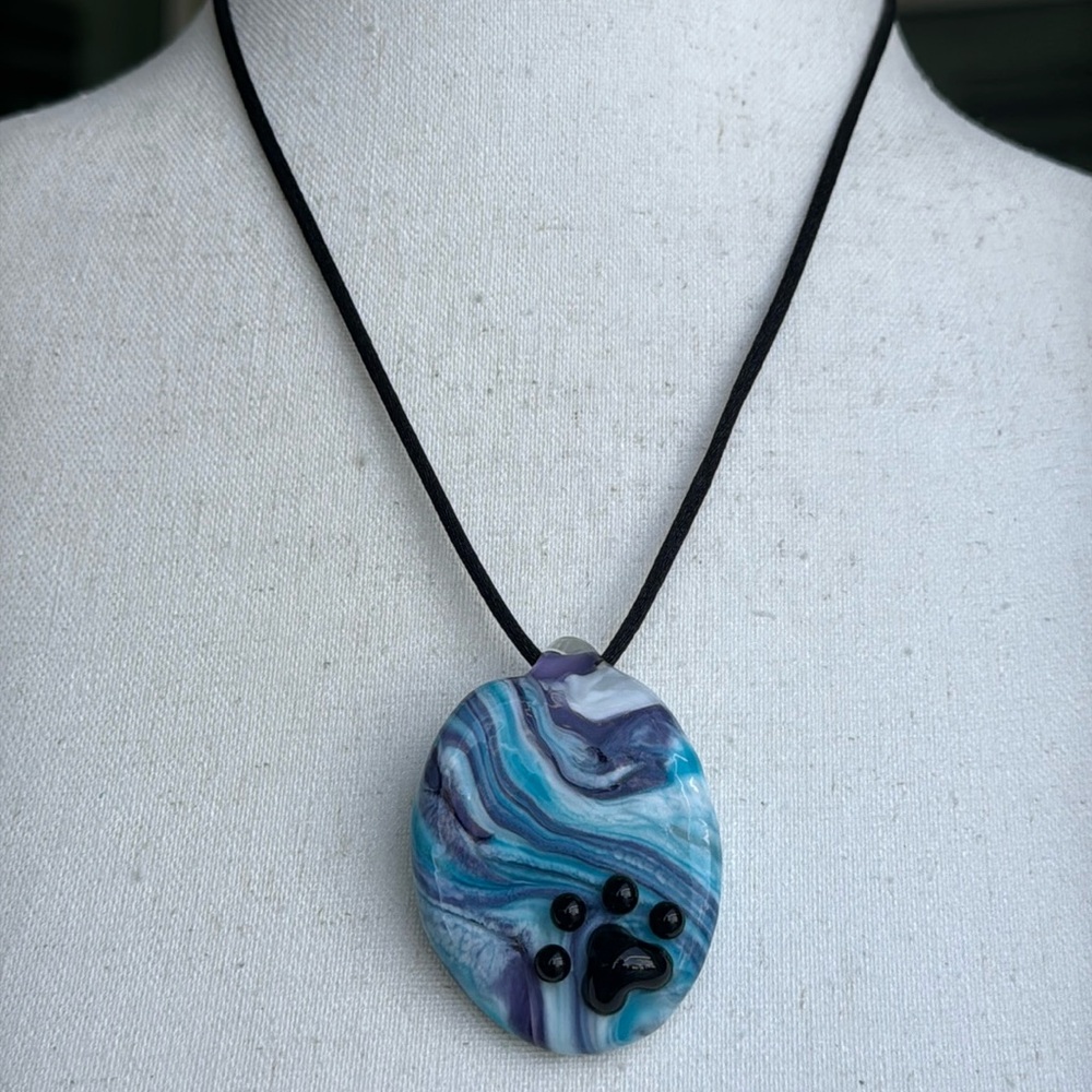 Hand Crafted Art Glass With Paw Print Pendant Necklace